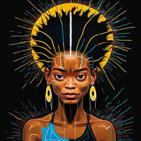 dark light art ，with black background，tibetan women，jean-michel basquiat (jean-michel basquiat) stylised, character concept desi...