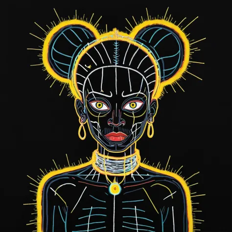 Dark Light Art ，with black background，Tibetan women，Jean-Michel Basquiat (Jean-Michel Basquiat) stylised, character concept design, halfbody，