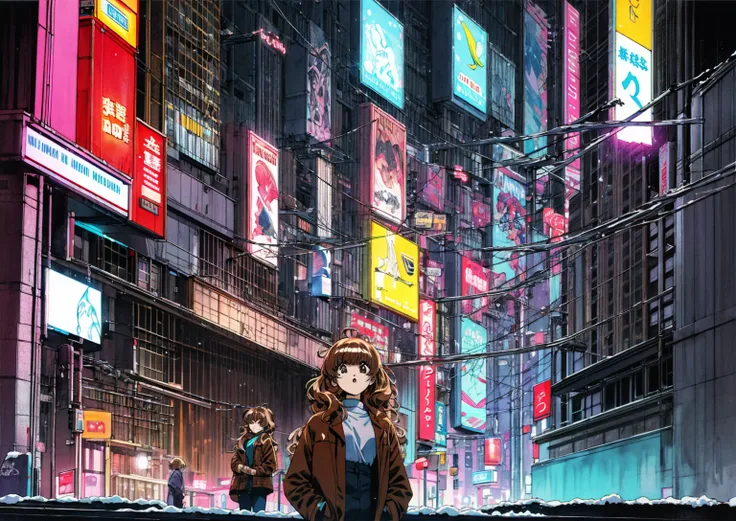 Taiga Aisaka standing on the street in Tokyo, (night), winter, (neon lights), VHS, vintage, manga style, snow, black background, (bangs), wavy hair, glitch art, light brown hair, 90s