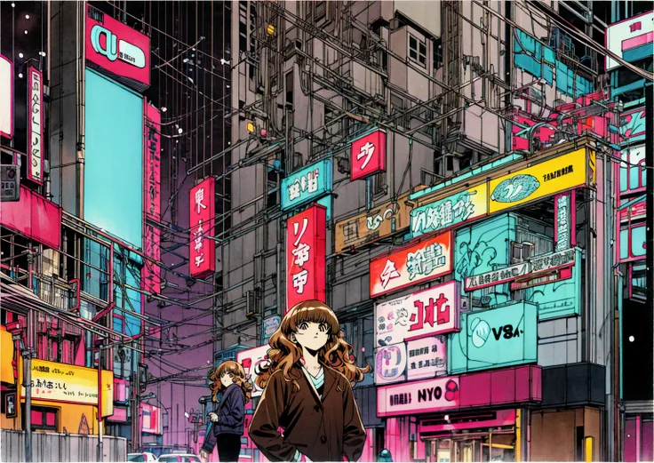 taiga aisaka standing on the street in tokyo, (night), winter, (neon lights), vhs, vintage, manga style, snow, black background,...