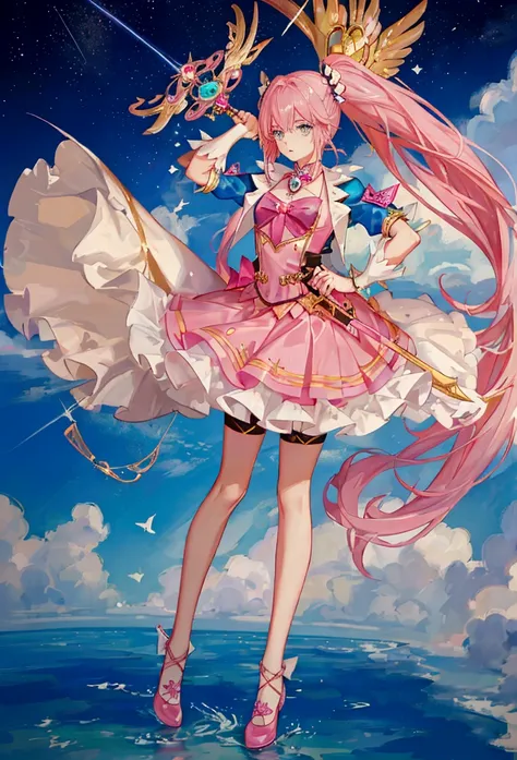 Masterpiece, high quality, 1 girl, pink and turquoise hair, long with a pigtail, gold eyes. With magical girl clothes using her powers in a battl.