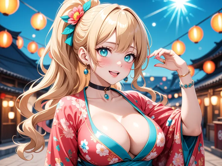 ((One personの女性)), Beautiful Face,(Laughing embarrassedly), (naughty face:1.2), (Wink:1.9), Laughing with your mouth open, upper teeth, ((Bright red cheeks:1.4)),Glossy pink lips, Touching hair with hands,looking at viewer,Shining Face, rooftop, Festival d...