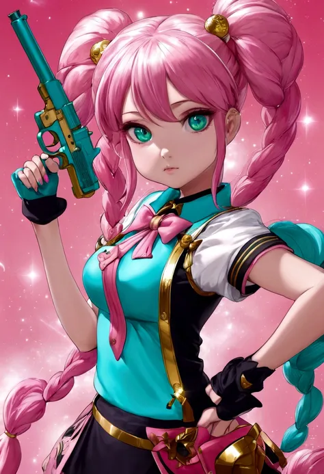 Masterpiece, high quality, 1 girl, pink and turquoise hair, long with a pigtail, gold eyes. With magical girl clothes.using magic powers with a pink gun .