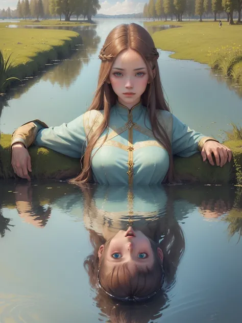 ((best qualityer)), ((work of art)),1womanl, Linda,brownhair, blue eyes of the middle ages seeing their reflection in a lake, ((looking at the lake)).((WITHOUT looking at the camera!!!!)) Looking at the lake narcissus myth