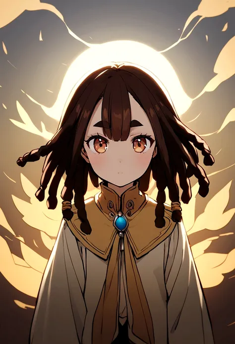 photo of Ririan, girl, 22 years old, Isekai style, beautiful big honey eyes, thicker eyebrows, short brown hair in dreadlocks