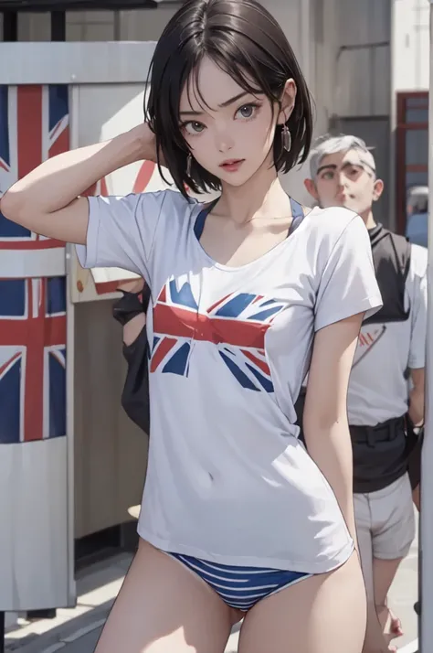 ((masterpiece, best quality)),((highres:1.2)), 1 Girl, solo, Blurred Background, (((Small breasts))), Thighs, (Stripe underwear), T-Shirts, nipple, short hair, ((Union Jack))