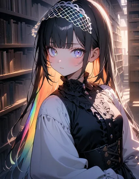 (8K, best quality, master piece: 1.2), super high resolution,1 girl,独奏,17yo,ultra-detailed face,detailed eyes,(silver eyes),blunt bangs,(rainbow hair),Straight Hair,Long Hair,long sleeve petal collar blouse,white Fascinator,corset skirt,expressionless,lash...