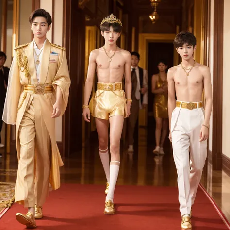 Full body Picture of a teenage boy Korean prince royal highness, ,thin body,15 years old wearing light brown transparent underwear , many golden and crystal accessories on body, necklace hand belt , golden shoes,topless walking in  Thailand royal palace ha...