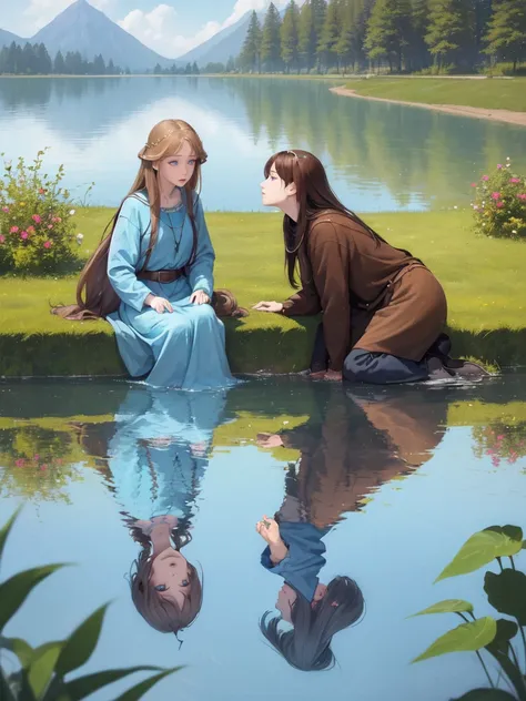 ((best qualityer)), ((work of art)),1womanl, Linda,brownhair, blue eyes of the middle ages seeing their reflection in a lake, ((looking at the lake)).((WITHOUT looking at the camera!!!!)) looking at the lake