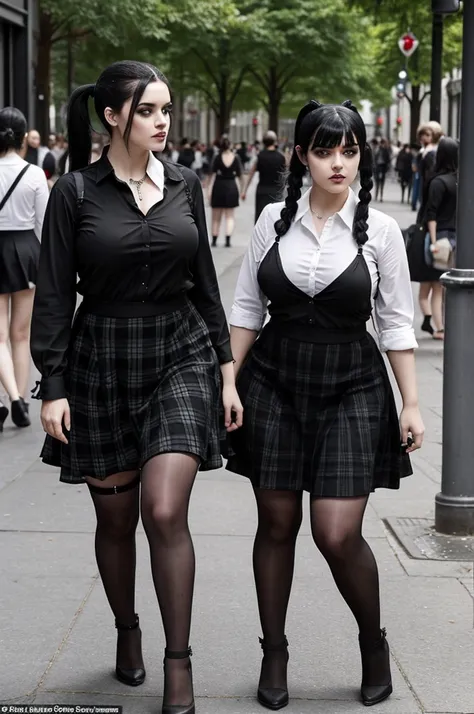 two big-assed goths,voluptuous bodies one with black hair and pigtails, and the other with black hair and short hair, both dressed in black clothes, one with a black dress and the other with a short white shirt and a black plaid skirt, in the middle of a c...