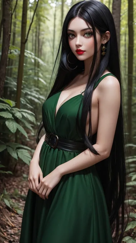 Cute girl with long black hair with green eyes long eyelashes red lips green dress in the middle of a dark forest 