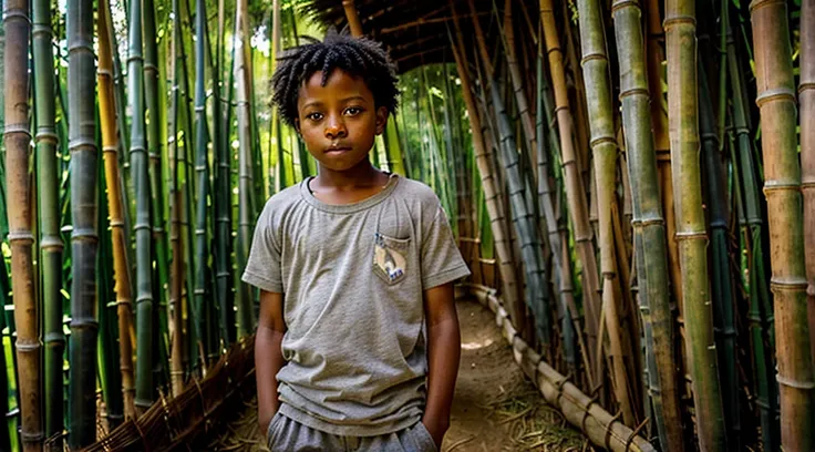 Image of a black teenager, 12 years old - wearing a gray blouse, short curly hair - long pants, straw sandals, gets out of bed made of straw - bamboo leaves - hidden among the bamboo, wakes up scared, looking through the cracks in the bamboo, image of the ...