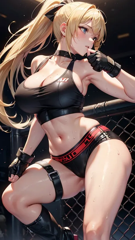 One woman,whole body,Standing,Big Breasts,Blonde,ponytail,Mixed Martial Arts,During the game,Tight tank top,Black leather boots,Red Finger Gloves,Sweat