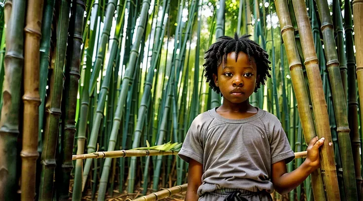 Image of a black teenager, 12 years old - wearing a gray blouse, short curly hair - long pants, straw sandals, getting out of bed made of straw - bamboo leaves - hidden among the bamboo, waking up scared, looking through the cracks in the bamboo, image of ...