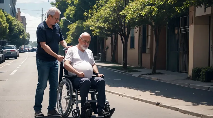 a pregnant woman helping a 60 year old man in a wheelchair