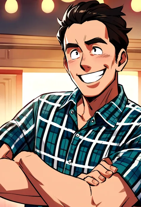 Adult man smiling with arms crossed wearing Disney Pixar movie style plaid shirt