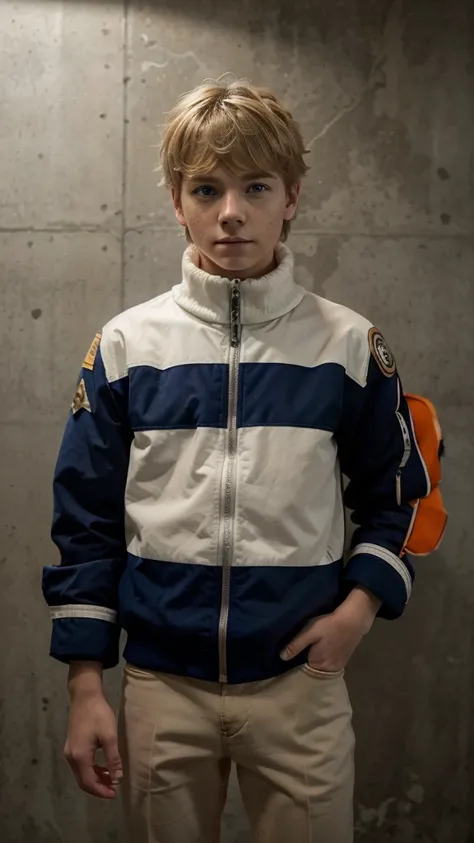 Young twelve year old boy, blue eyes, messy blonde hair, jacket with white collar, dark blue works and the rest orange https://static.wikia.nocookie.net/naruto/images/d/df/Naruto_-_12_anos_%28Render% 29.png/revision/latest/scale-to-width-down/250?cb=201906...