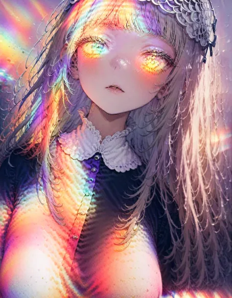 (8K, best quality, master piece: 1.2), super high resolution,1 girl,独奏,17yo,ultra-detailed face,detailed eyes,(silver eyes),blunt bangs,((rainbow hair)),Straight Hair,Long Hair,long sleeve petal collar blouse,white Fascinator,corset skirt,expressionless,la...