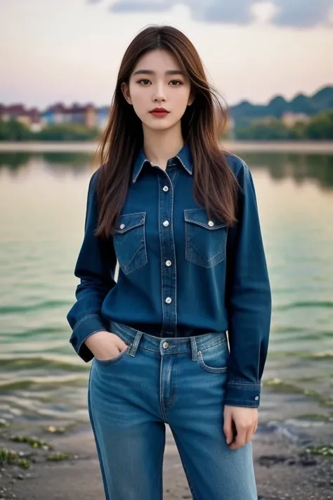 Close-up of woman wearing shirt and jeans., Kawaii shirt and jeans, plaid shirt, wearing a plaid shirt, Put on a shirt, Casual wear, Long sleeve shirt with buttons, wearing Casual wear หญิงอาราฟเฟ่, beautiful,  very beautiful woman, Attractive and beautifu...