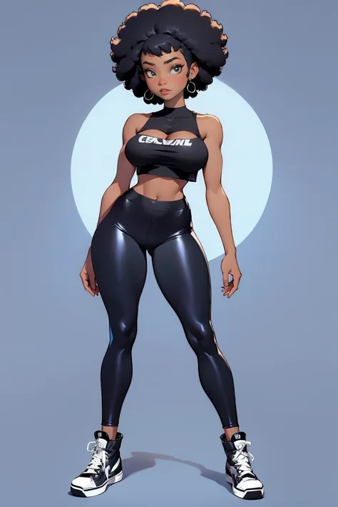 afro american girl, black skin, afro haircut, full body view, converse all star shoes, 1 girl, solo, (black leggins) (tshirt), cleavage, sleveless, medium bust, wide hips
