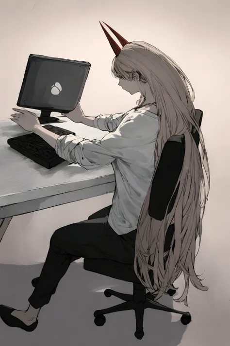 A Power,sitting on a chair,playing on a PC,wearing a shirt with the name Harl.