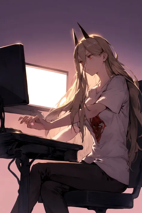 A Power,sitting on a chair,playing on a PC,wearing a shirt with the name Harl.