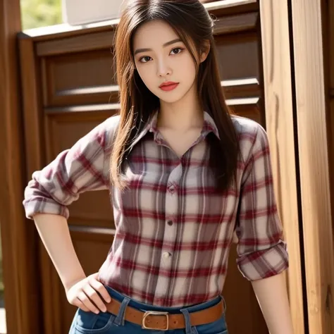 Close-up of woman wearing shirt and jeans., Kawaii shirt and jeans, plaid shirt, wearing a plaid shirt, Put on a shirt, Casual wear, Long sleeve shirt with buttons, wearing Casual wear หญิงอาราฟเฟ่, beautiful,  very beautiful woman, Attractive and beautifu...