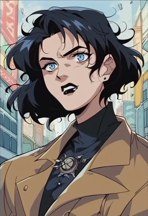 beautyful woman, detective black overcoat, black hair, messy hair, blue eyes, black lipstick, city