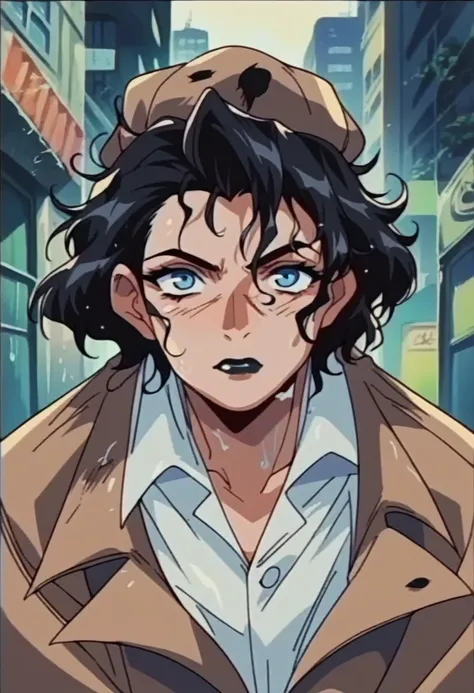 beautyful woman, detective black overcoat, detective hat, damp hair, black hair, messy hair, blue eyes, black lipstick, city