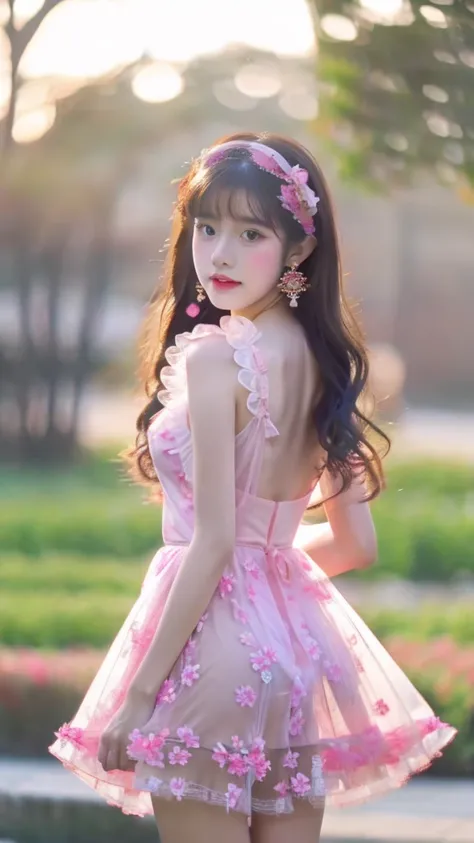 a young asian girl, full body, wearing a transparent pink golden lolita dresses, big ribbon ornament on hair, floral earrings, a penis penetration on vagina,