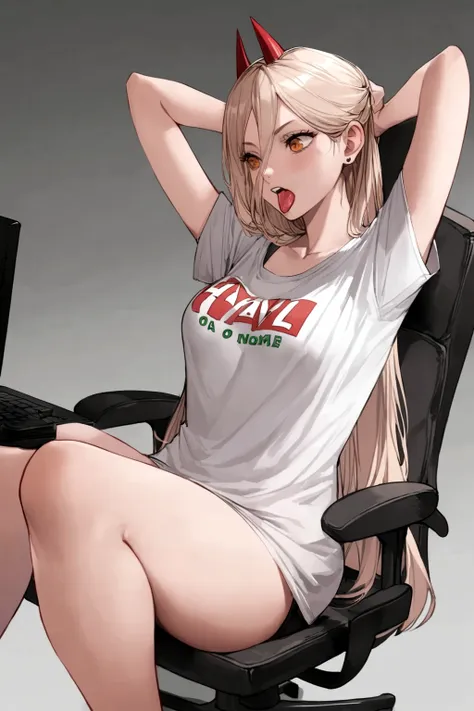 a power,sitting on a chair,playing on a pc,wearing a shirt written,o nome harl,in back .