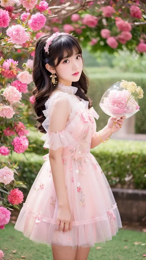 a young asian girl, full body, wearing a transparent pink golden lolita dresses, big ribbon ornament on hair, floral earrings, a penis penetration on vagina,