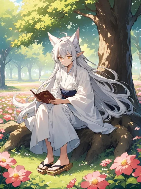 /imagine A highly detailed full-body portrait of a 30-year-old anime-style male character with fox-like features in a 2.5D art style. The character has long, flowing silver hair and sharp golden eyes. The hair extends longer on the sides, flowing beautiful...