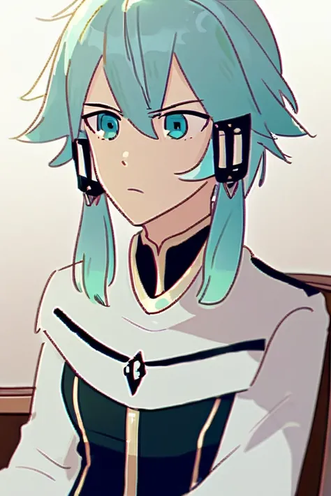 ((Лучшее качество)), ((шедевр)), (подробный), Sinon, sitting on the table with a confused expression on his face