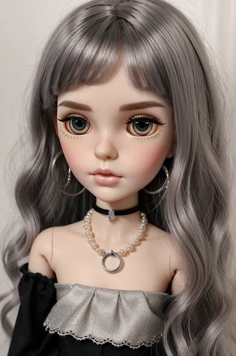 Can you create a blythe doll with pale skin, black wavy hair with curtain bangs, grunge like make up, a black off shoulder top, silver hoop earrings, a pearl necklace and small septum piercing for me please?