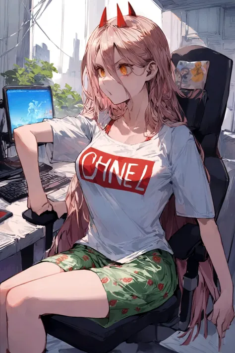 a power,sitting on a chair,playing on a pc,wearing a shirt written,o nome harl,in back .