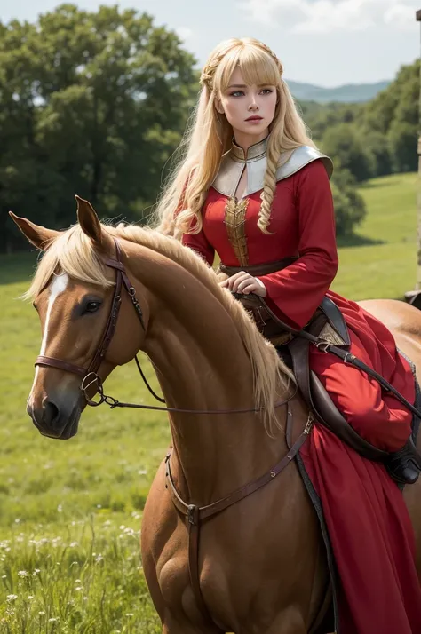 A woman dressed in red in medieval times with blonde hair with horse cut hairstyle sitting on a horse in the field