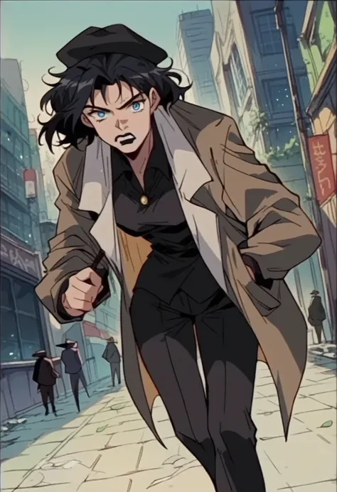 beautyful woman, detective black overcoat, black detective hat, hair, black pants, black hair, messy hair, blue eyes, black lipstick, city