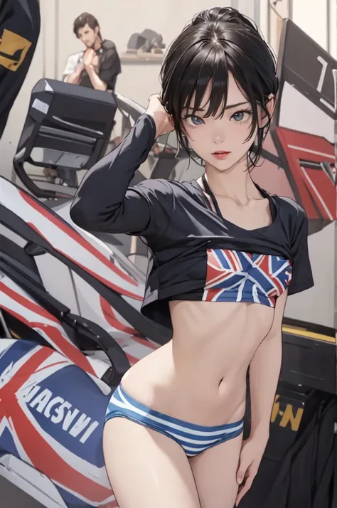 ((masterpiece, best quality)),((highres:1.2)), 1 Girl, solo, Blurred Background, (((Small breasts))), Thighs, (Stripe underwear), Union Jack T-Shirts, nipple, short hair, 