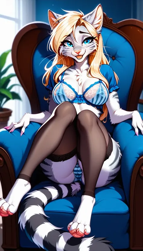 Solo,  score_9, score_8_up,score_7_up, source_furry, Kat, Anthro furry feline girl, tall body, hourglass figure, adult female, blue eyes, silver fur, blonde hair with pony tail, (striped tail), white whiskers, pink nose, wearing elastic underwear, transluc...