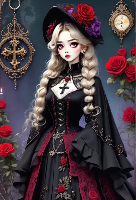 (Gothic character design sheet:1.5)，Scary dolls，red or dark purple lace、Embroidery and other decorations。She wore a long black coat and a tight skirt，Show elegant and mysterious temperament。Wearing a silver cross、Chains etc.，Old magic book，romantic rose，バー...