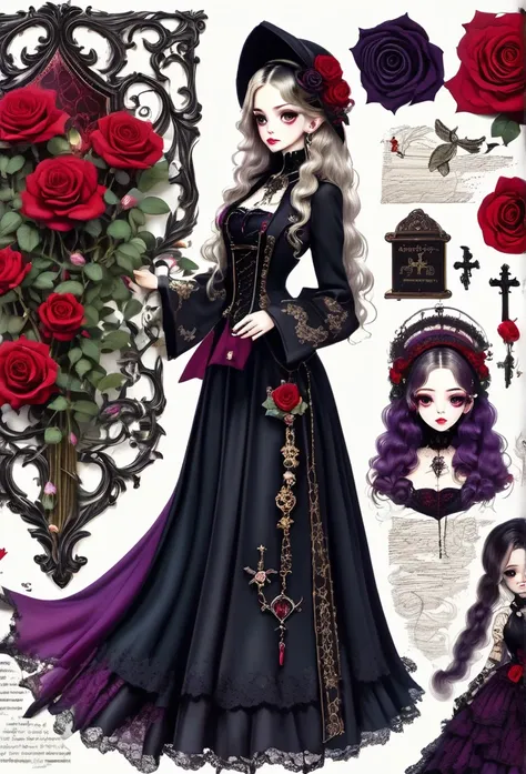 (Gothic character design sheet:1.5)，Scary dolls，red or dark purple lace、Embroidery and other decorations。She wore a long black coat and a tight skirt，Show elegant and mysterious temperament。Wearing a silver cross、Chains etc.，Old magic book，romantic rose，バー...