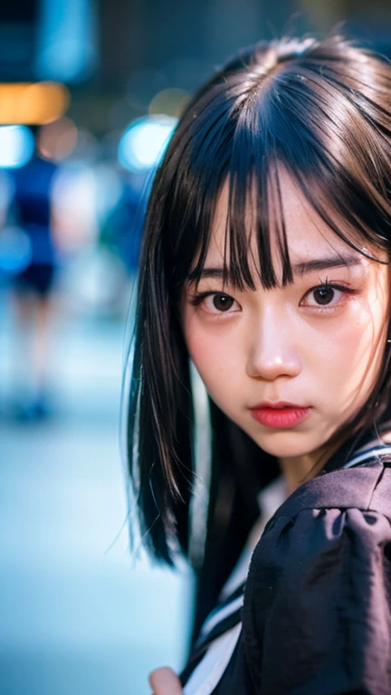 best quality, ultra high res, (photorealistic:1.4), 1girl, the girl wearing black sailor uniform, night, shibuya 109 background, shibuya, city light, cinematic lighting, 80s filter, zoom to face, detailed face , looking at viewer, front view