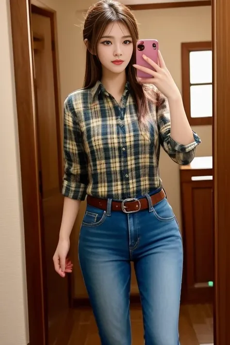 Close-up of a woman wearing a plaid shirt, wearing a plaid shirt, Put on a shirt, Casual wear, Long sleeve shirt with buttons, wearing Casual wear หญิงอาราฟเฟ่, beautiful,  very beautiful woman, Attractive and beautiful, sexy girl, Asian girl, beautiful fe...