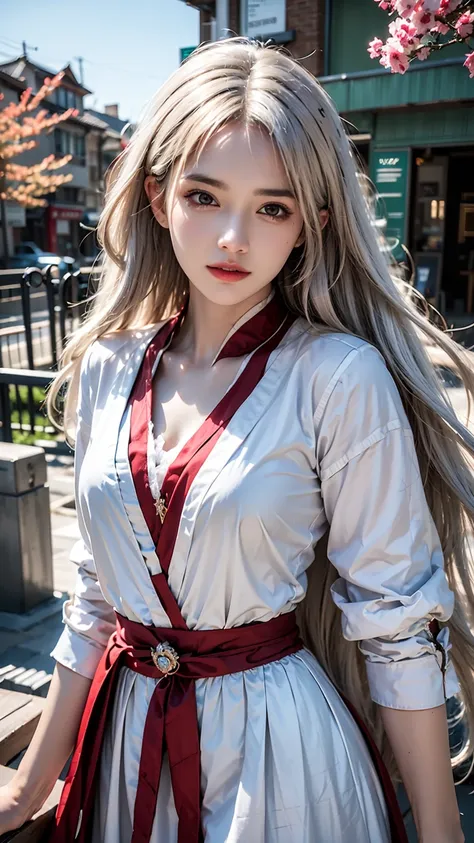 female,masterpiece, realistic, best quality, ultra detailed, cowboy_shot, long white hair, jewelery, kungfu wear, cherry blossom 