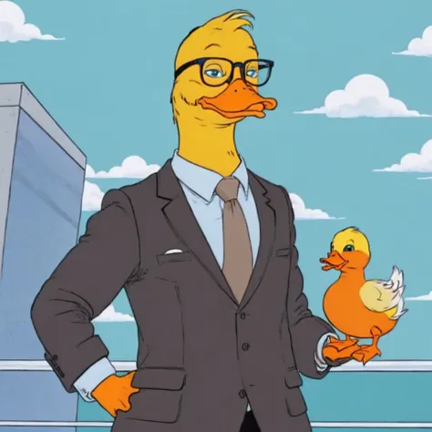 a guy stands next to a duck a duck with glasses a duck in a shirt a duck in a tie a duck in a jacket a business duck