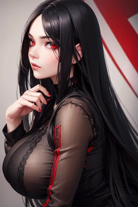 (best quality,ultra-detailed,realistic:1.37),long black hair,red eyes,intense expression,curvy figure,casual black clothes,vivid colors,portrait