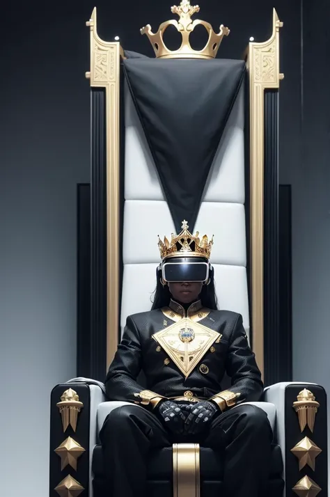 I want an image prompt of a black white strong robot with virtual reality glasses sitting on a Golden throne with a crown on his head and behind the image a technological city with flying cars and a technological city