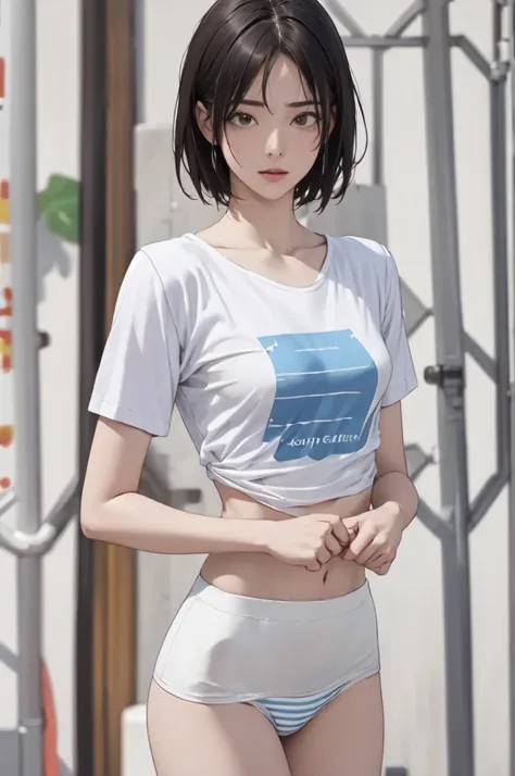 ((masterpiece, best quality)),((highres:1.2)), 1 Girl, solo, Blurred Background, (((Small breasts))), Thighs, (Stripe underwear), Union T-Shirts, nipple, short hair, 