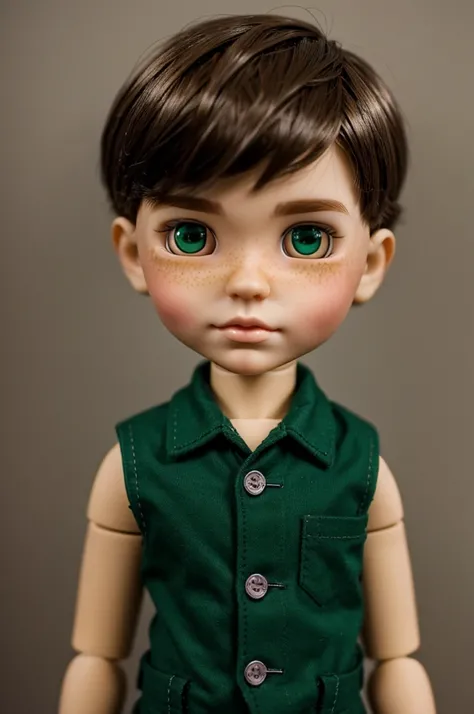 blythe doll boy with light skin, green eyes, with light freckles, with short dark brown hair in the mod cut style 